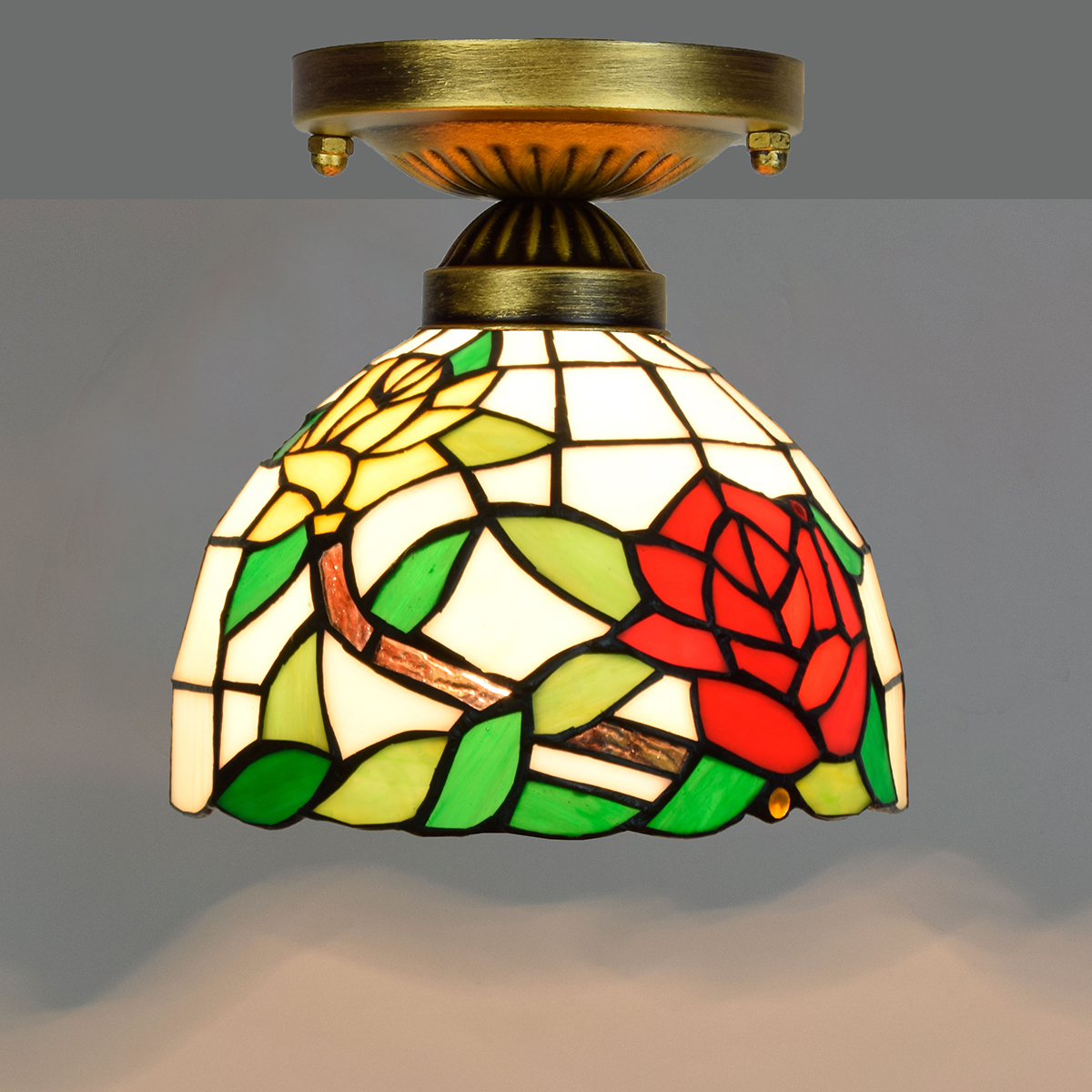 Blivuself Tiffany style Stained glass 8-inch red and yellow rose ceiling light European and American retro style, suitable for living room, dining room, bedroom, bar and other indoor home decoration 8-inch two-color rose big mouth - small ceiling light OFC8029