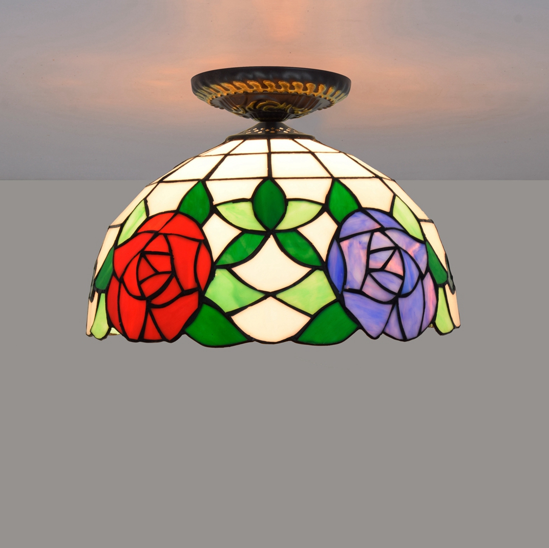 Blivuself Tiffany Style Stained Glass 12-Inch White Downward Ceiling Light European And American Retro Style, Suitable For Living Room, Dining Room, Bedroom, Bar And Other Indoor Home Decoration 12-Inch Two-Color Rose - Small Mouth Downward Ceiling Light OFC2010
