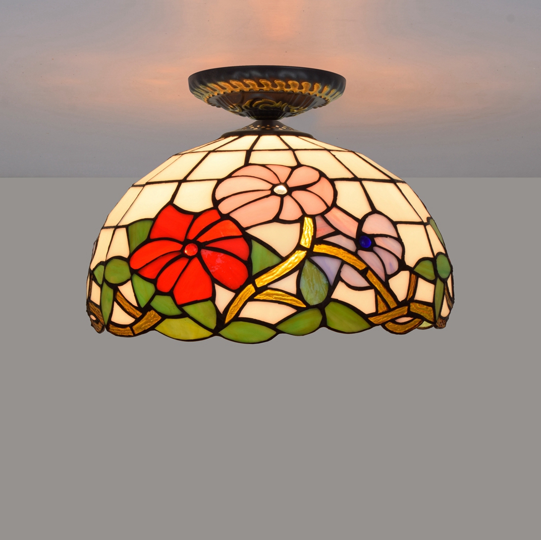 Blivuself Tiffany Style Stained Glass 12-Inch White Downward Ceiling Light European And American Retro Style, Suitable For Living Room, Dining Room, Bedroom, Bar And Other Indoor Home Decoration 12-Inch Morning Glory - Small Mouth Downward Ceiling Light - Three-Color Flower OFC2022