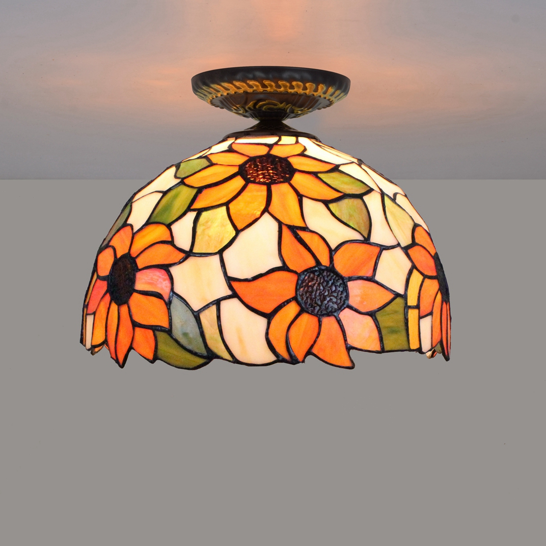 Blivuself Tiffany Style Stained Glass 12-Inch Orange Downward Ceiling Light European And American Retro Style, Suitable For Living Room, Dining Room, Bedroom, Bar And Other Indoor Home Decoration 12-Inch Sunflower - Small Mouth Downward Ceiling Light -OFC2023