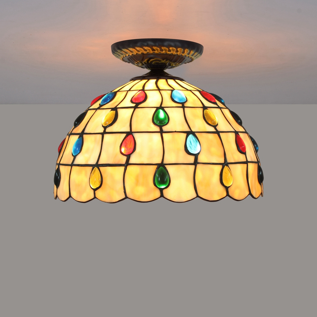 Blivuself Tiffany style Stained glass 12-inch warm yellow downward ceiling light European and American retro style, suitable for living room, dining room, bedroom, bar and other indoor home decoration 12-inch colored beads-small mouth downward ceiling light OFC2024