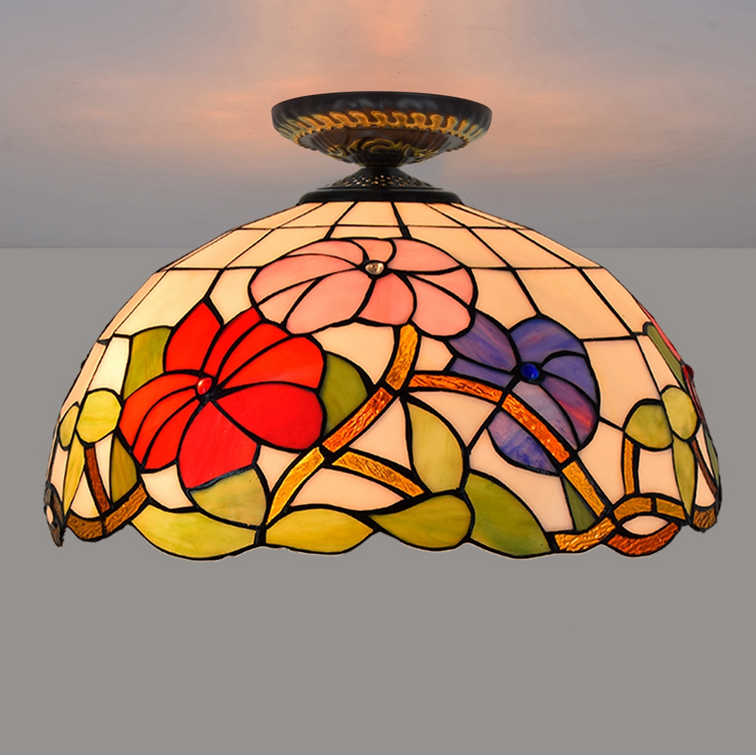 Blivuself Tiffany Style Stained Glass 16 Inch Pink Purple Red Flower Downward Ceiling Light European And American Retro Style, Suitable For Living Room, Dining Room, Bedroom, Bar And Other Indoor Home Decoration 16 Morning Glory - Small Mouth Downward Ceiling Light - Three-Color Flower OFC2036
