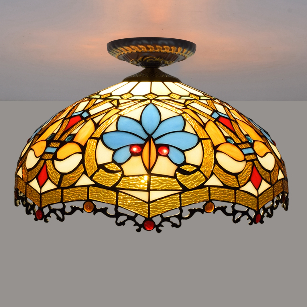 Blivuself Tiffany Style Stained glass 16 Inch Brown Downward Ceiling Light European And American Retro Style, Suitable For Living Room, Dining Room, Bedroom, Bar And Other Indoor Home Decoration 16 Love Beads - Small Mouth Downward Ceiling Light - Dragon Tail OFC2037