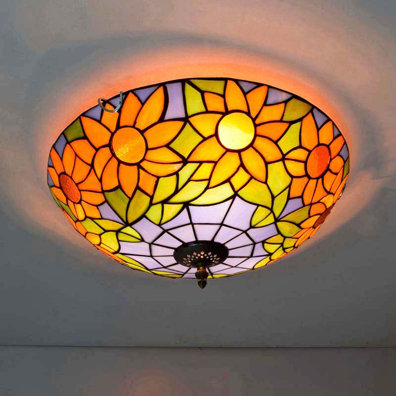 Blivuself Tiffany Style Color Glass 16 Inch Orange Sunflower European And American Retro Style, Suitable For Living Room, Dining Room, Bedroom, Bar And Other Indoor Home Decoration 16 Inch Blue Bottom Sunflower Flat - White Disc Ceiling Light OFC3002