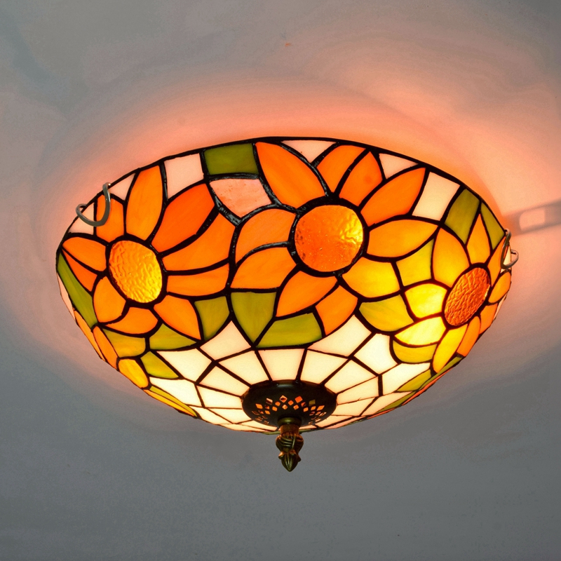 Blivuself Tiffany Style Colored Glass 12 Inch Orange Sunflower European And American Retro Style, Suitable For Living Room, Dining Room, Bedroom, Bar And Other Interior Home Decoration 12 Inch White Bottom Sunflower Flat Mouth - White Plate Ceiling Light OFC3003