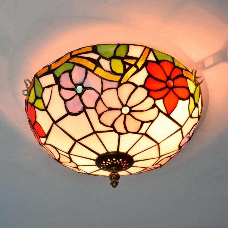 Blivuself Tiffany Style Stained Glass 12-Inch Pink Purple Red Three-Color Flower Ceiling Light European And American Retro Style, Suitable For Living Room, Dining Room, Bedroom, Bar And Other Indoor Home Decoration 12-Inch Morning Glory Flat Mouth - White Ceiling Light - Three-Color Flower OFC3007