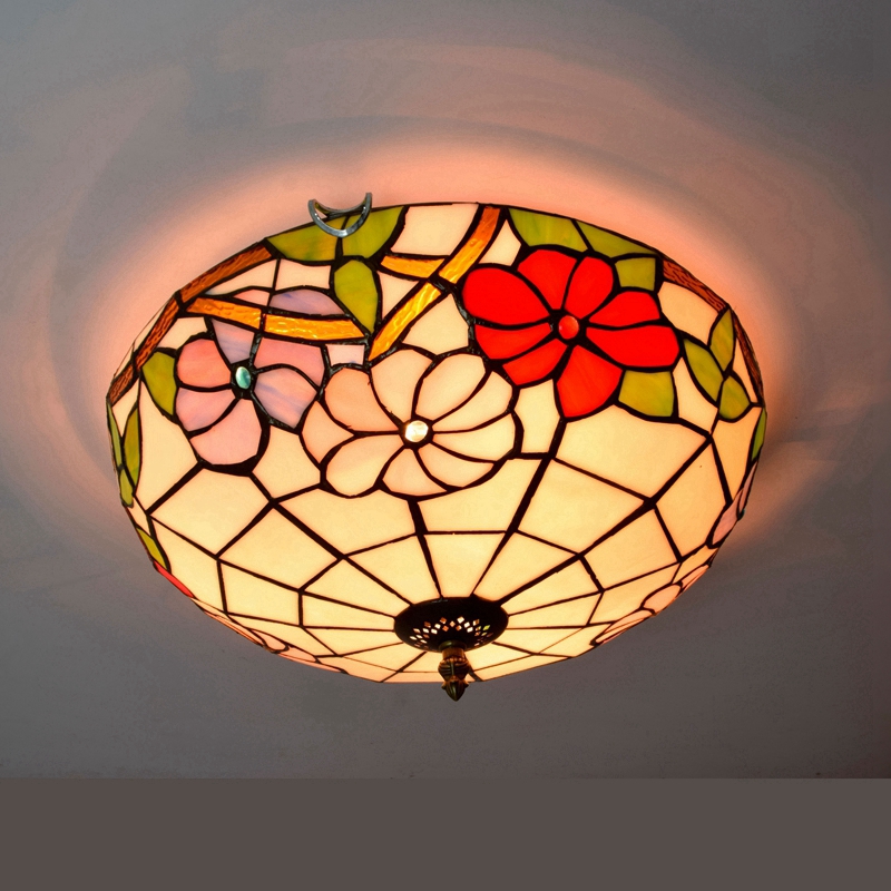 Blivuself Tiffany Style Stained Glass 16-Inch Pink Purple Red Three-Color Flower Ceiling Light European And American Retro Style, Suitable For Living Room, Dining Room, Bedroom, Bar And Other Indoor Home Decoration 16-Inch Morning Glory Flat Mouth - White Ceiling Light - Three-Color Flower OFC3008