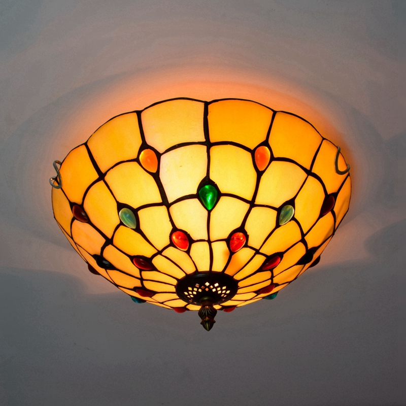 Blivuself Tiffany Style Stained Glass 12-Inch Ginger Ceiling Light European And American Retro Style, Suitable For Living Room, Dining Room, Bedroom, Bar And Other Indoor Home Decoration 12-Inch Colored Beaded - White Pan Ceiling Light OFC3021