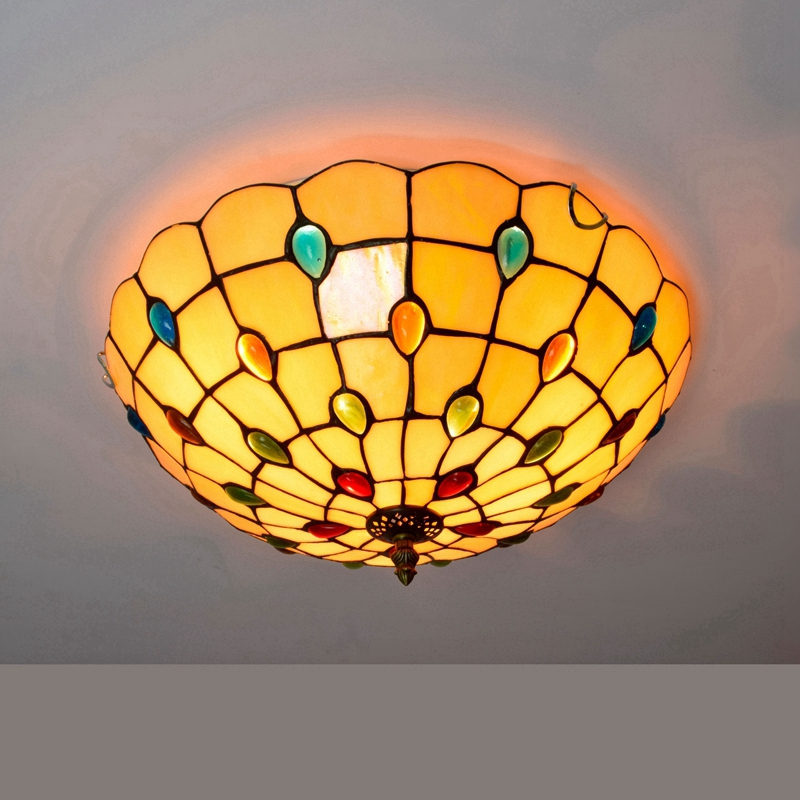 Blivuself Tiffany Style Stained Glass 16 Inch Ginger Ceiling Light European And American Retro Style, Suitable For Living Room, Dining Room, Bedroom, Bar And Other Indoor Home Decoration 16 Inch Colored Beads - White Pan Ceiling Light OFC3022