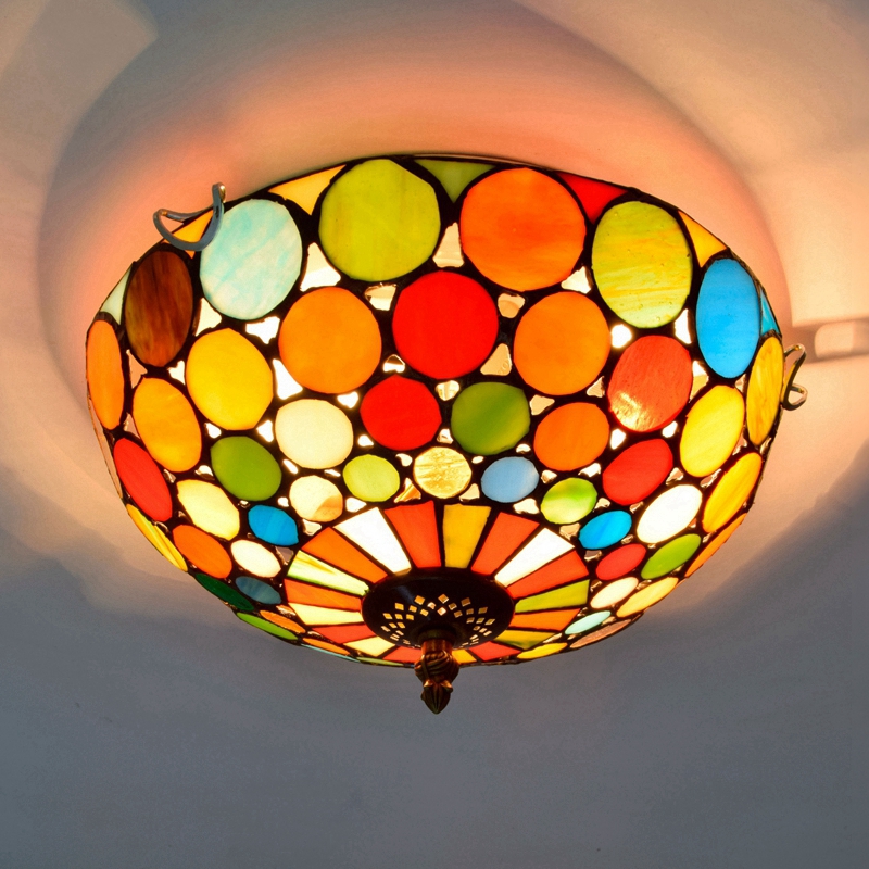 Blivuself Tiffany Style Stained Glass 12-Inch Red Circle Ceiling Light European And American Retro Style, Suitable For Living Room, Dining Room, Bedroom, Bar And Other Indoor Home Decoration 12-Inch Colorful Circle - White Disk Ceiling Light OFC3023