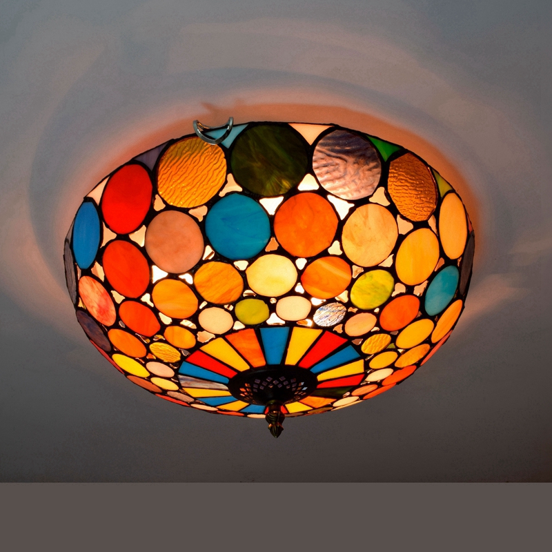 Blivuself Tiffany Style Stained Glass 16-Inch Red Circle Ceiling Light European And American Retro Style, Suitable For Living Room, Dining Room, Bedroom, Bar And Other Indoor Home Decoration 16-Inch Colorful Circle - White Disk Ceiling Light OFC3024