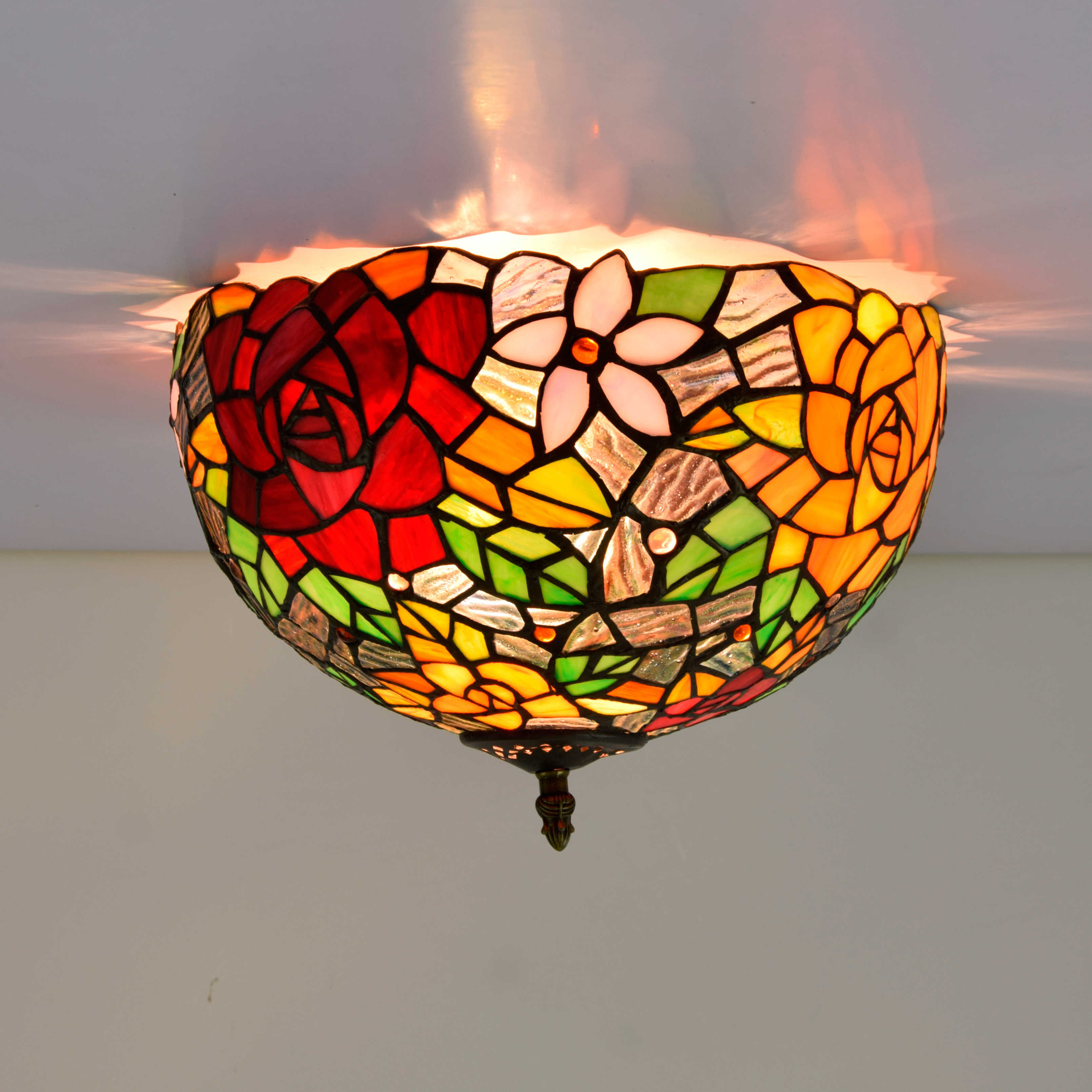 Blivuself Tiffany Style Stained Glass 12-Inch Red Orange Rose Full Ceiling Light European And American Retro Style, Suitable For Living Room, Dining Room, Bedroom, Bar And Other Indoor Home Decoration 12-Inch Gorgeous Rose - Full Ceiling Light OFC4002