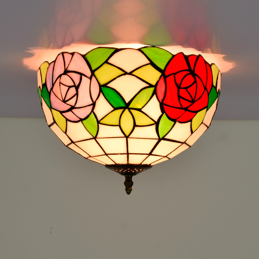 Blivuself Tiffany Style Stained Glass 12-Inch Red purple Two-Color Rose Full Ceiling Light European And American Retro Style, Suitable For Living Room, Dining Room, Bedroom, Bar And Other Indoor Home Decoration 12-Inch Two-Color Rose - Full Ceiling Light OFC4004
