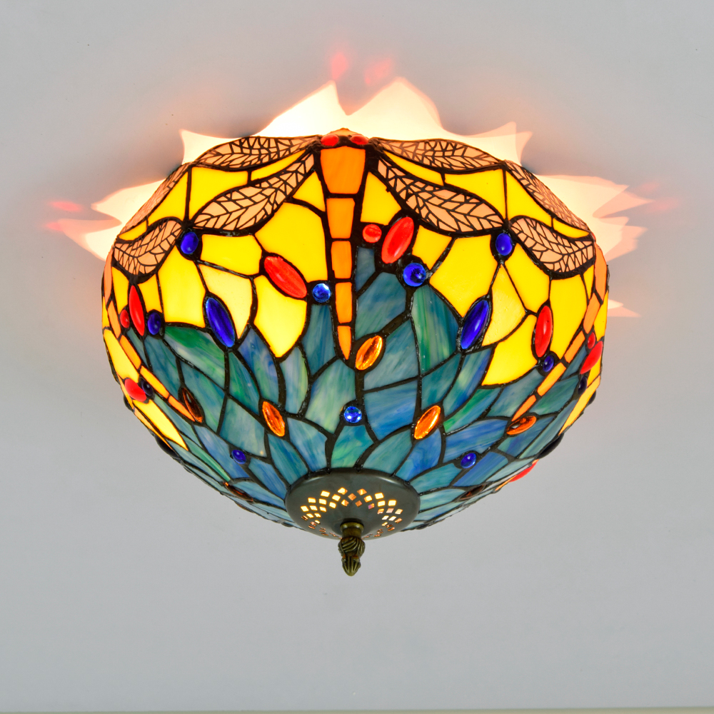Blivuself Tiffany Style Stained Glass 12 Inch Blue Background Yellow Dragonfly Full Ceiling Light European And American Retro Style, Suitable For Living Room, Dining Room, Bedroom, Bar And Other Indoor Home Decoration 12 Inch Yellow Bottom Dragonfly - Full Ceiling Light OFC4008