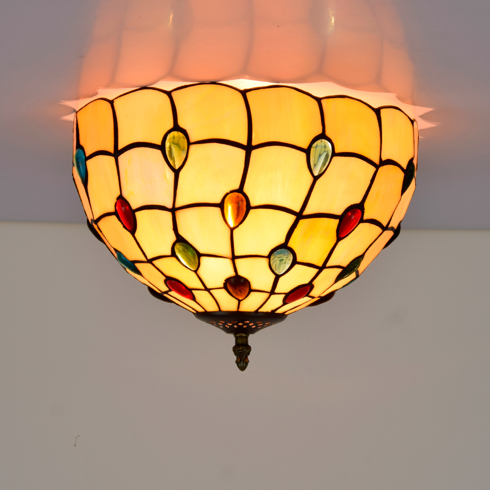 Blivuself Tiffany Style Stained Glass 12 Inch Warm Yellow Full Ceiling Light European And American Retro Style, Suitable For Living Room, Dining Room, Bedroom, Bar And Other Indoor Home Decoration 12 Inch Colored Beads - Full Ceiling Light OFC4016
