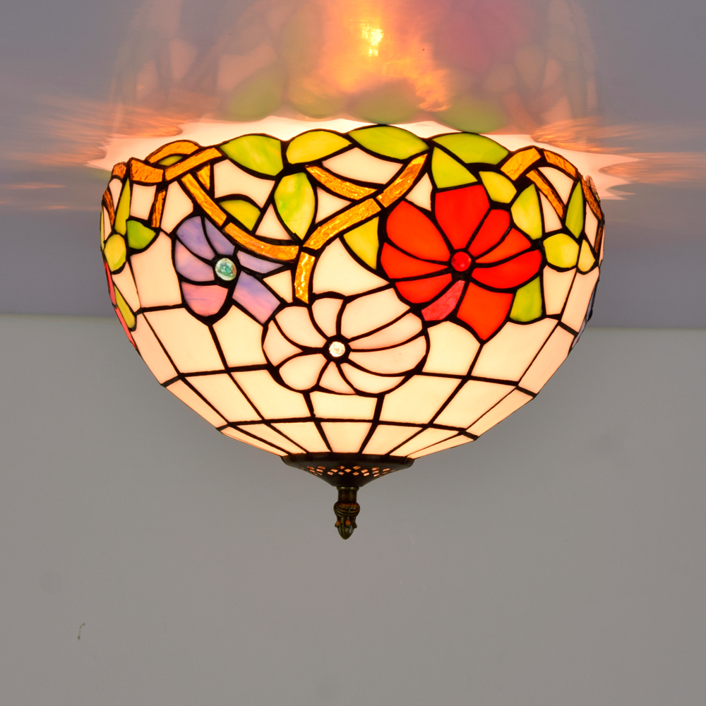 Blivuself Tiffany Style Stained Glass 12-Inch Pink Purple Red Three Color Flower Full Ceiling Light European And American Retro Style, Suitable For Living Room, Dining Room, Bedroom, Bar And Other Indoor Home Decoration 12-Inch Morning Glory - Full Ceiling Light - Three Color Flower OFC4017