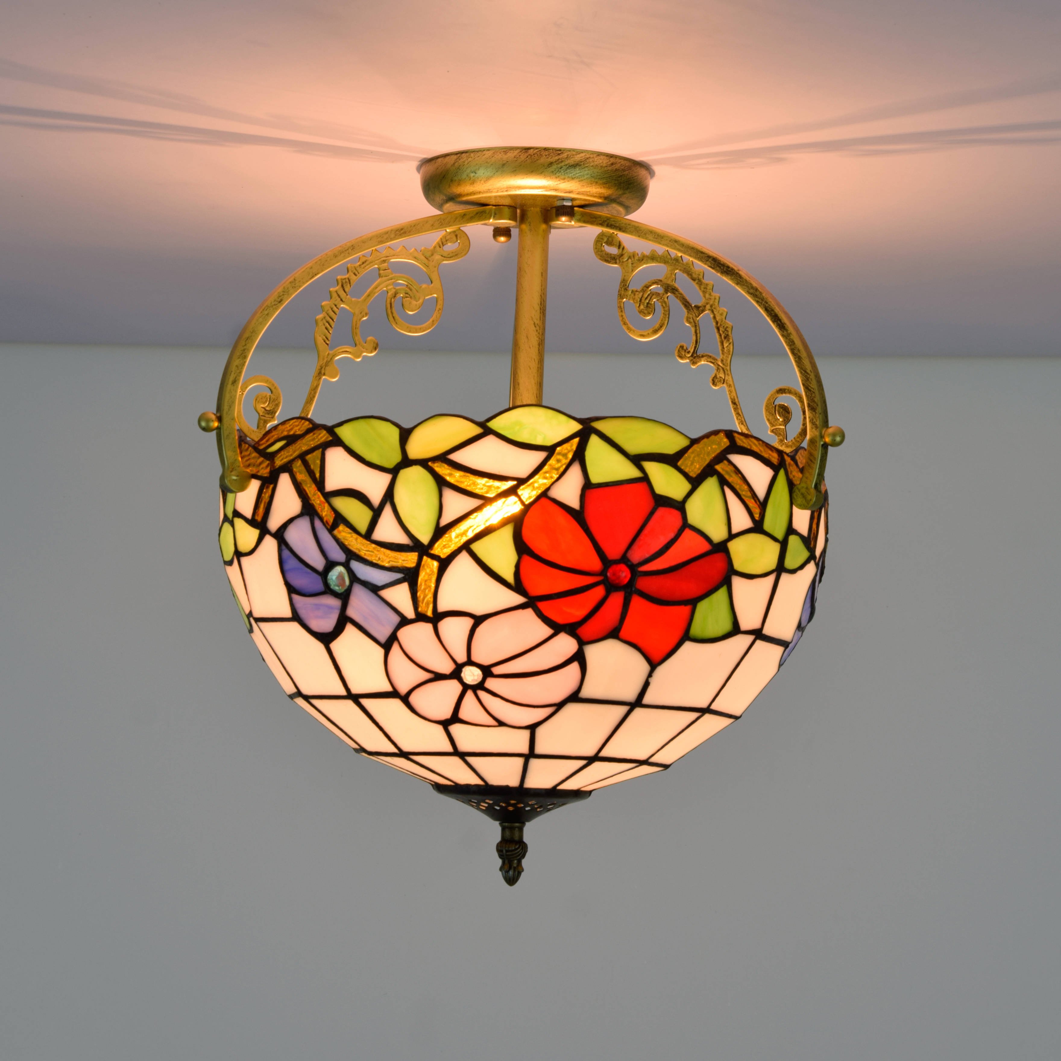 Blivuself Tiffany Style Stained Glass 12-Inch Pink Purple Red Three-Color Flower Semi-Ceiling Light European And American Retro Style, Suitable For Living Room, Dining Room, Bedroom, Bar And Other Indoor Home Decoration 12-Inch Morning Glory - Half Ceiling Light - Three-Color Flower OFC5014