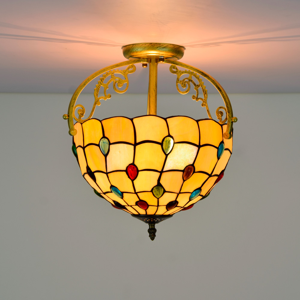 Blivuself Tiffany Style Stained Glass 12-Inch Warm YellowSemi-Ceiling Light European And American Retro Style, Suitable For Living Room, Dining Room, Bedroom, Bar And Other Indoor Home Decoration 12-Inch Colored Beads - Semi-Ceiling Light OFC5015