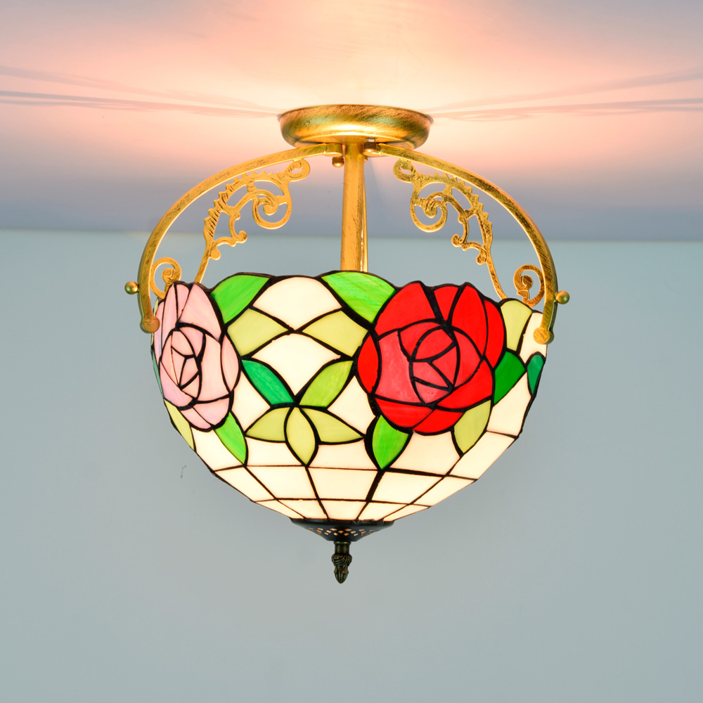 Blivuself Tiffany Style Stained Glass 12-Inch Red Purple Rose Semi-Ceiling Light European And American Retro Style, Suitable For Living Room, Dining Room, Bedroom, Bar And Other Indoor Home Decoration 12-Inch Two-Color Rose - Semi-Ceiling Light OFC5018