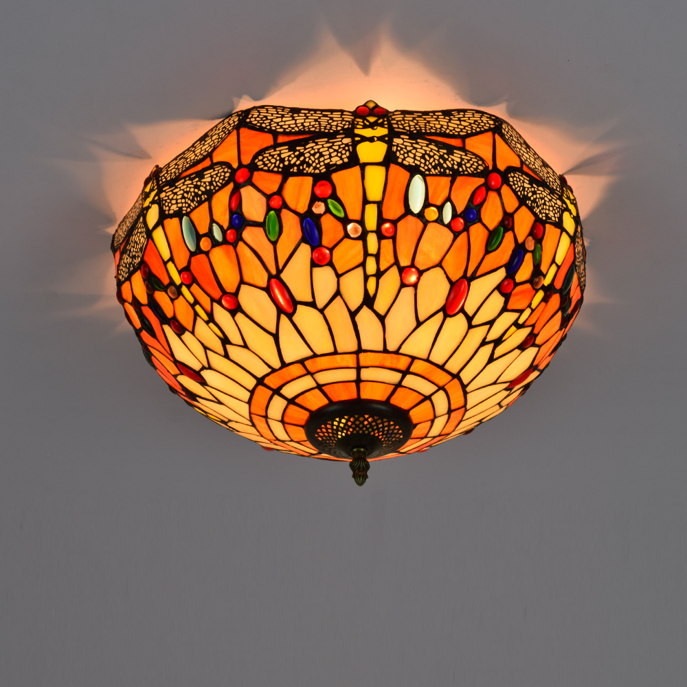 Blivuself Tiffany Style Stained Glass 16 Inch Orange Full Ceiling Light European And American Retro Style, Suitable For Living Room, Dining Room, Bedroom, Bar And Other Indoor Home Decoration 16 Inch Orange Dragonfly - Full Ceiling Light OFC6006