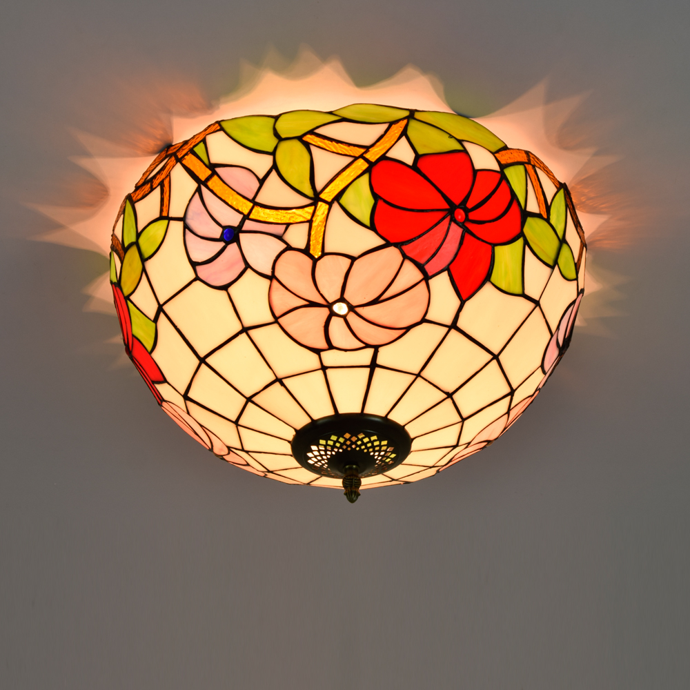 Blivuself Tiffany Style Stained Glass 16 Inch Pink Purple Red Three Color Flower Full Ceiling Light European And American Retro Style, Suitable For Living Room, Dining Room, Bedroom, Bar And Other Indoor Home Decoration 16 Inch Morning Glory - Full Ceiling Light - Three Color Flower OFC6010