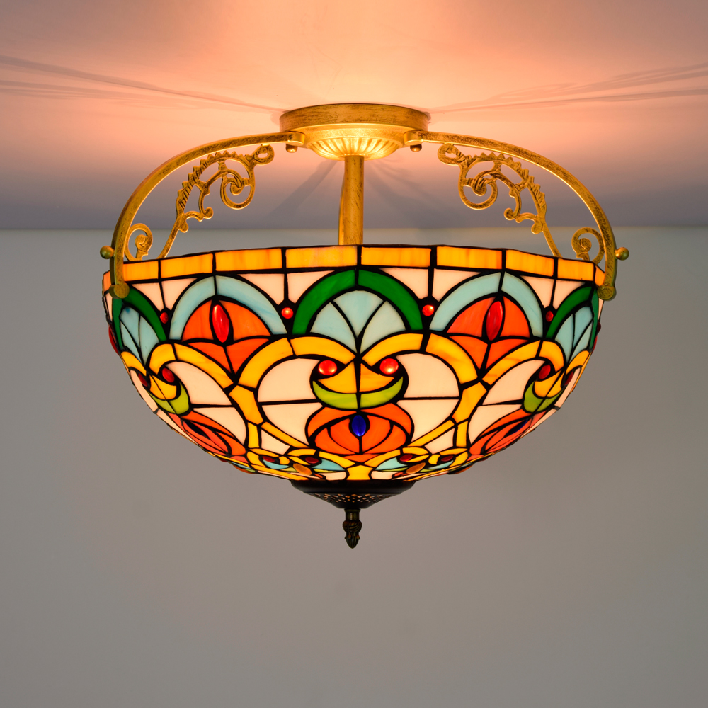 Blivuself Tiffany Style Stained Glass 16  Inch Orange Half Ceiling Light, European And American Retro Style, Suitable For Living Rooms, Dining Rooms, Bedrooms, Bars And Other Interior Home Decoration 16" Heart Bead - Half Ceiling Light OFC7010