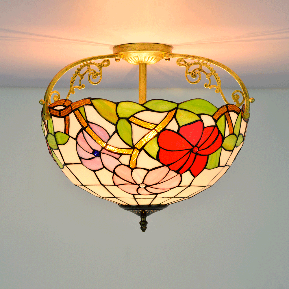 Blivuself Tiffany Style Stained Glass 16-Inch Pink Purple Red Three-Color Flower Semi-Ceiling Light European And American Retro Style, Suitable For Living Room, Dining Room, Bedroom, Bar And Other Indoor Home Decoration 16-Inch Morning Glory - Half Ceiling Light - Three-Color Flower OFC7008