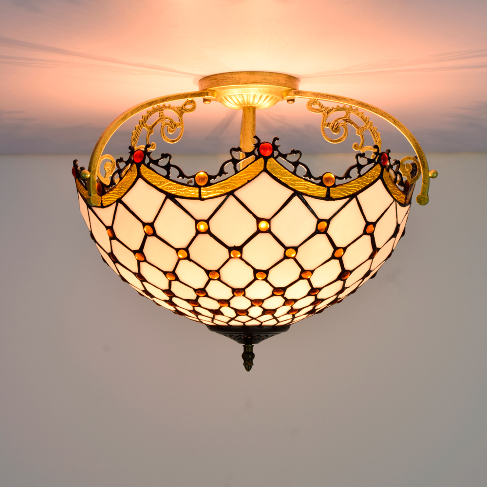 Blivuself Tiffany Style Stained Glass 16 "Brown Half Ceiling Light, European And American Retro Style, Suitable For Living Rooms, Dining Rooms, Bedrooms, Bars And Other Interior Home Decoration 16" Brown Cross Beaded Half Ceiling Light Ofc7006