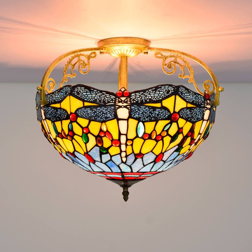 Blivuself Tiffany Style Stained Glass 16 inch Yellow Half Ceiling Light, European And American Retro Style, Suitable For Living Rooms, Restaurants, Bedrooms, Bars And Other Interior Home Decoration 16" Yellow Bottom Dragonfly - Half Ceiling Light OFC7014
