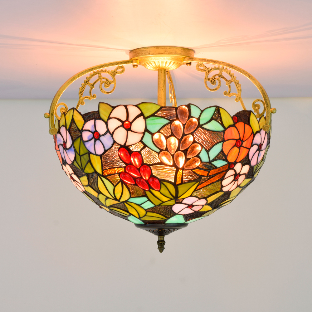 Blivuself Tiffany Style Stained Glass 16 inch Deep Purple Half Ceiling Light European And American Retro Style, Suitable For Living Rooms, Restaurants, Bedrooms, Bars And Other Interior Home Decoration 16" Grape Flower - Half Ceiling Light OFC7003