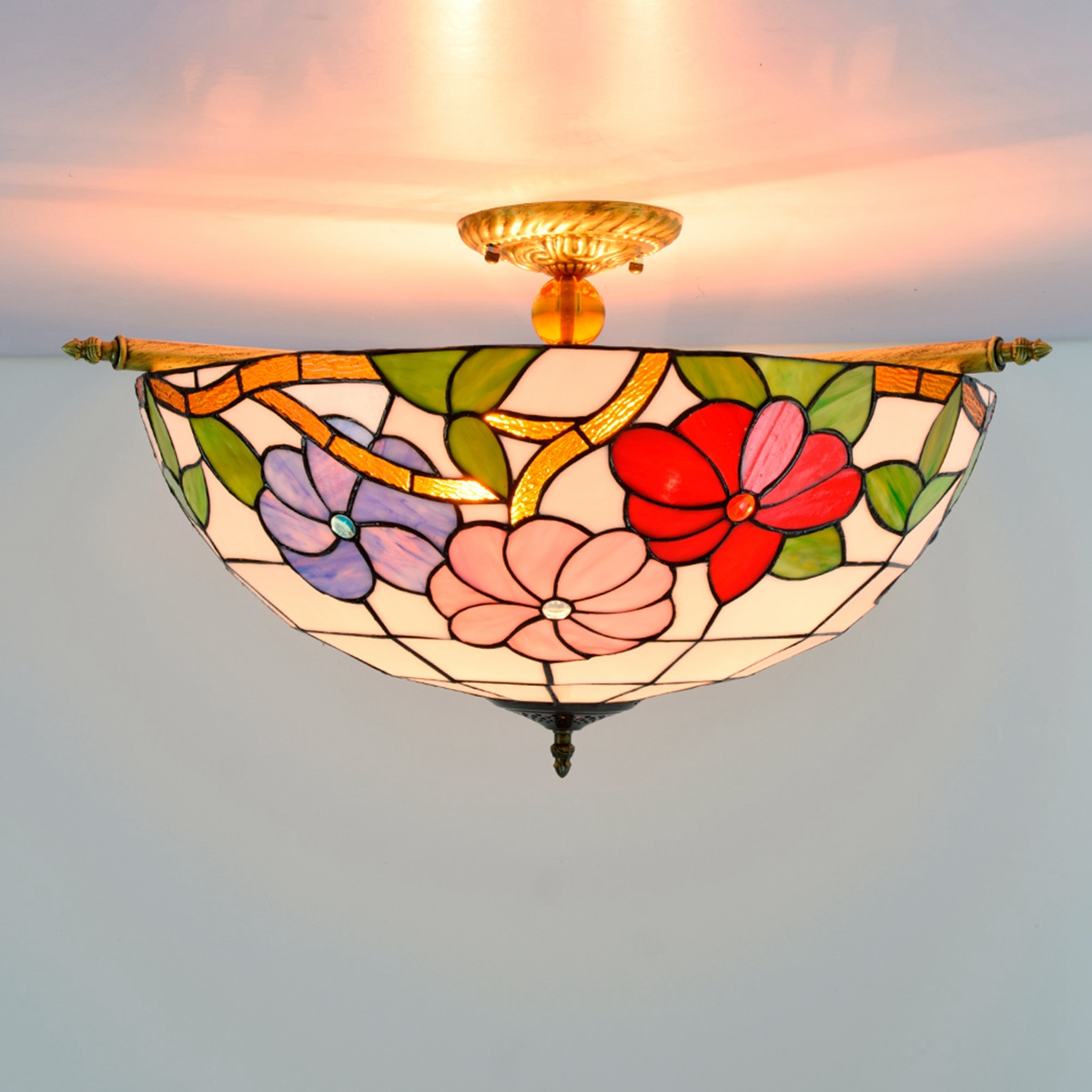 Blivuself Tiffany Style Stained Glass 20 Inch Pink Purple Red Three Color Flower Semi-Ceiling Light European And American Retro Style, Suitable For Living Room, Dining Room, Bedroom, Bar And Other Indoor Home Decoration 20 Inch Morning Glory Flat Mouth - Half Ceiling Light - Three Color Flower OFC8001