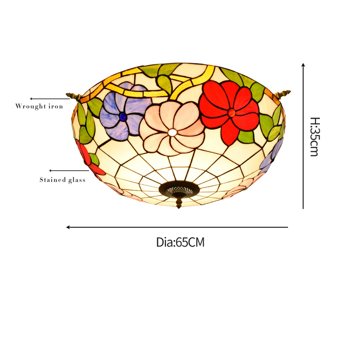 Blivuself Tiffany Style Stained Glass 24-Inch Pink Purple Red Three-Color Flower Semi-Ceiling Light European And American Retro Style, Suitable For Living Room, Dining Room, Bedroom, Bar And Other Indoor Home Decoration 24-Inch Morning Glory Flat Mouth - Half Ceiling Light - Three-Color Flower OFC8002