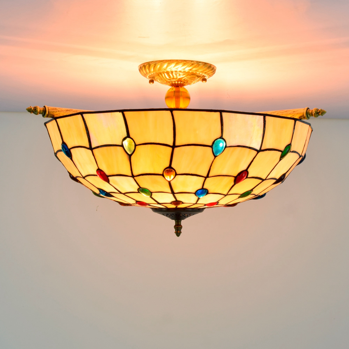 Blivuself Tiffany Stained Glass 20 Inch Warm Yellow Flat Mouth Half Ceiling Light European And American Retro Style, Suitable For Living Room, Dining Room, Bedroom, Bar And Other Indoor Home Decoration 20 Inch Colored Beads Flat Mouth - Half Ceiling Light OFC8005