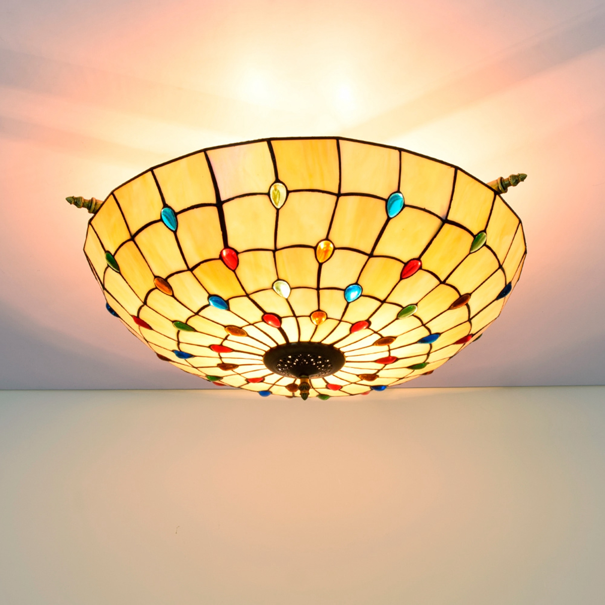 Blivuself Tiffany Stained Glass 24 Inch Warm Yellow Flat Mouth Half Ceiling Light European And American Retro Style, Suitable For Living Room, Dining Room, Bedroom, Bar And Other Indoor Home Decoration 24 Inch Colored Beads Flat Mouth - Half Ceiling Light OFC8006