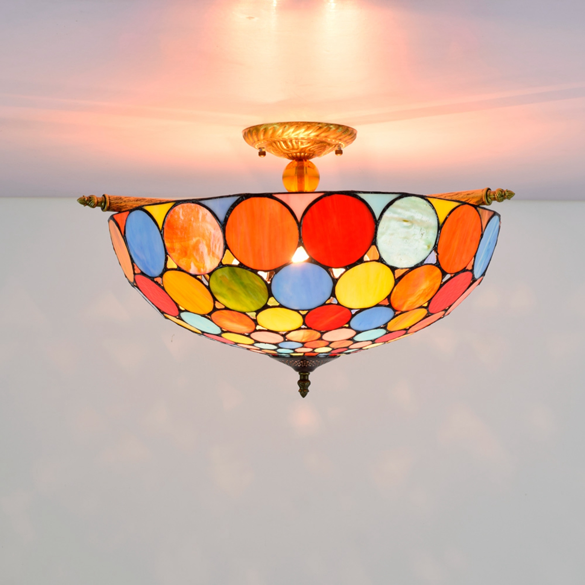 Blivuself Tiffany Style Stained Glass 20-Inch Red Circle Flat Ceiling Light European And American Retro Style, Suitable For Living Room, Dining Room, Bedroom, Bar And Other Indoor Home Decoration 20-Inch Colorful Circle Flat Mouth - Half Ceiling Light OFC8023