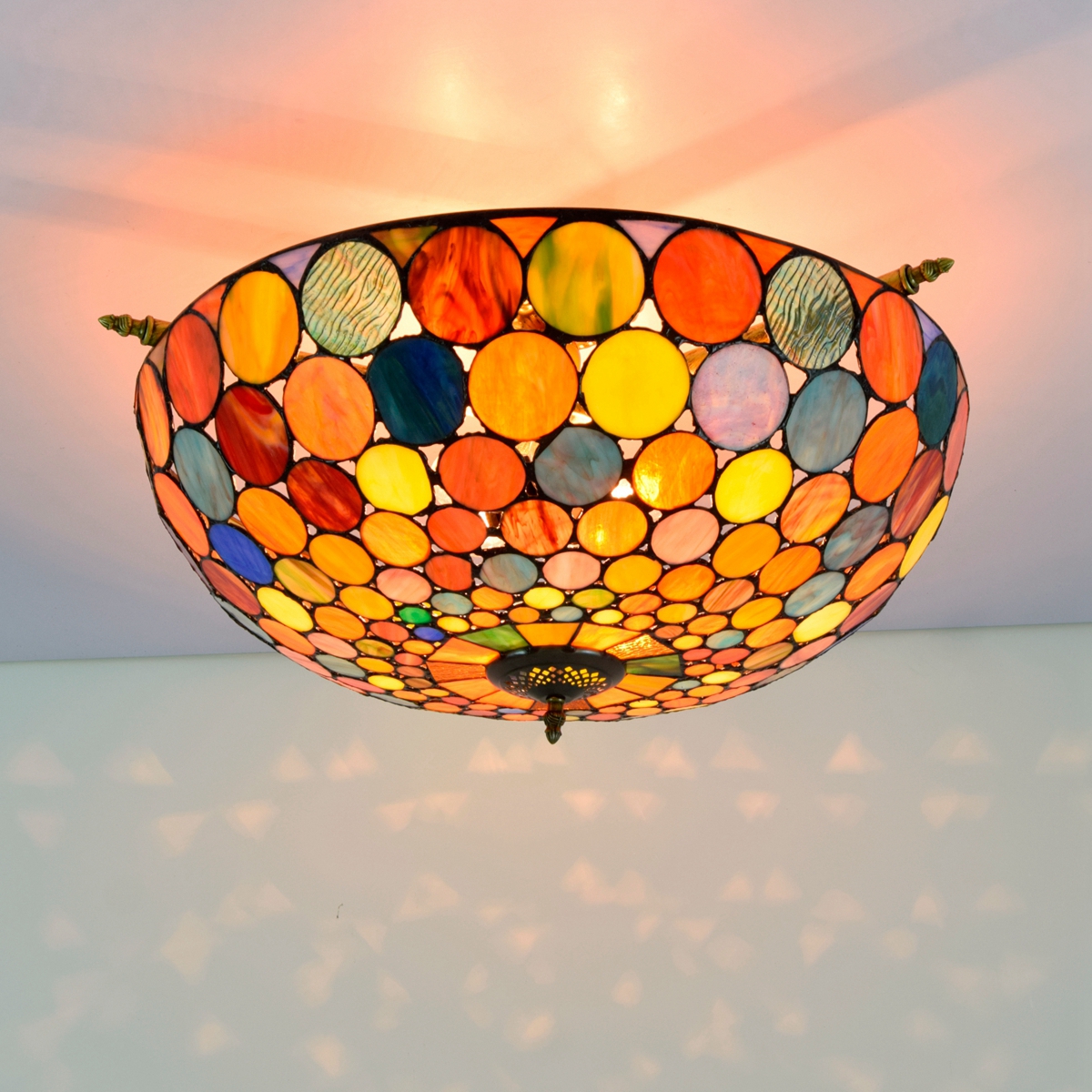 Blivuself Tiffany Style Stained Glass 24-Inch Red Circle Flat Ceiling Light European And American Retro Style, Suitable For Living Room, Dining Room, Bedroom, Bar And Other Indoor Home Decoration 24-Inch Colorful Circle Flat Mouth - Half Ceiling Light OFC8023