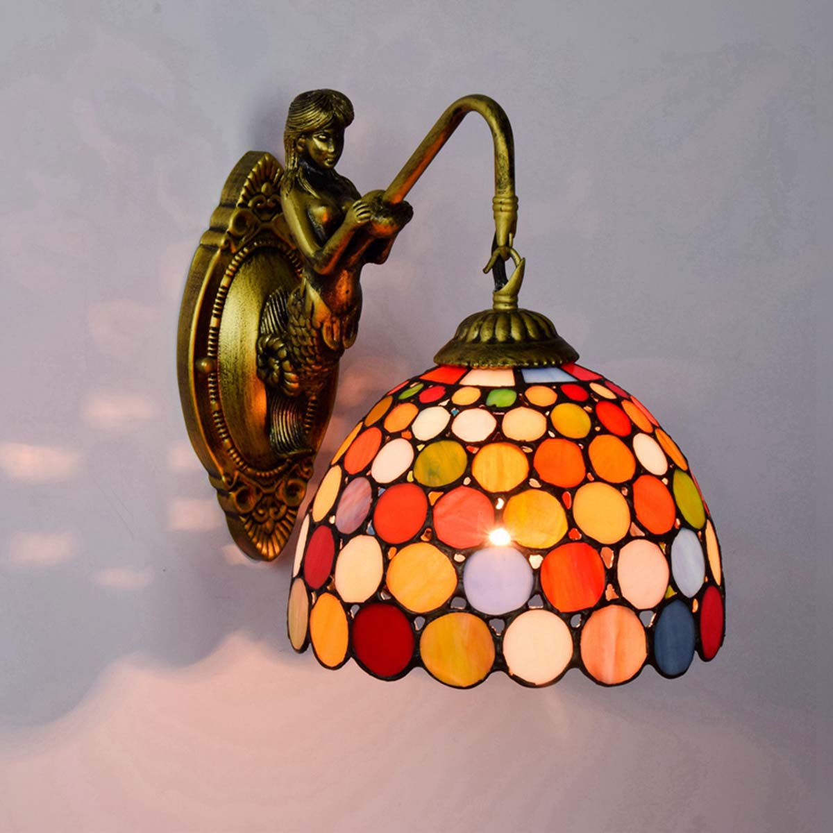 欧琈蒂凡尼欧式复古风格彩色玻璃8寸红色彩色圆形餐厅卧室床壁灯轻奢风格客厅背景墙通道壁灯OFW0908