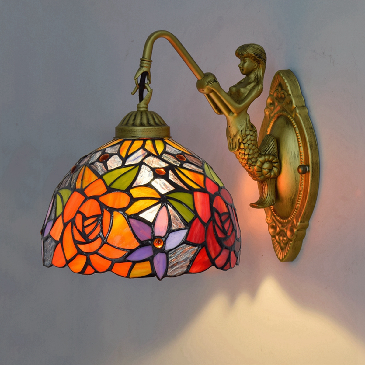 Blivuself Tiffany European Vintage Style Stained Glass 8-Inch Red Orange Rose For Restaurant Bedroom Bed Wall Lamp Light Luxury Style Living Room Background Wall Passage Wall Lamp 8-Inch Gorgeous Rose - Single Head Mermaid Wall Lamp OFW0912
