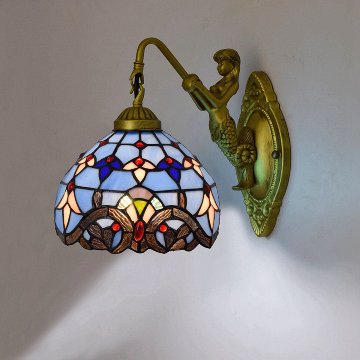 Blivuself Tiffany European Vintage Style Stained Glass 8 Inches Lavender Purple, Blue Baroque For Dining Room Bedroom Bedside Wall Lamp Light Luxury Style Living Room Background Wall Passage Wall Lamp 8 Inches Blue Baroque - Single Head Mermaid Wall Lamp OFW0913