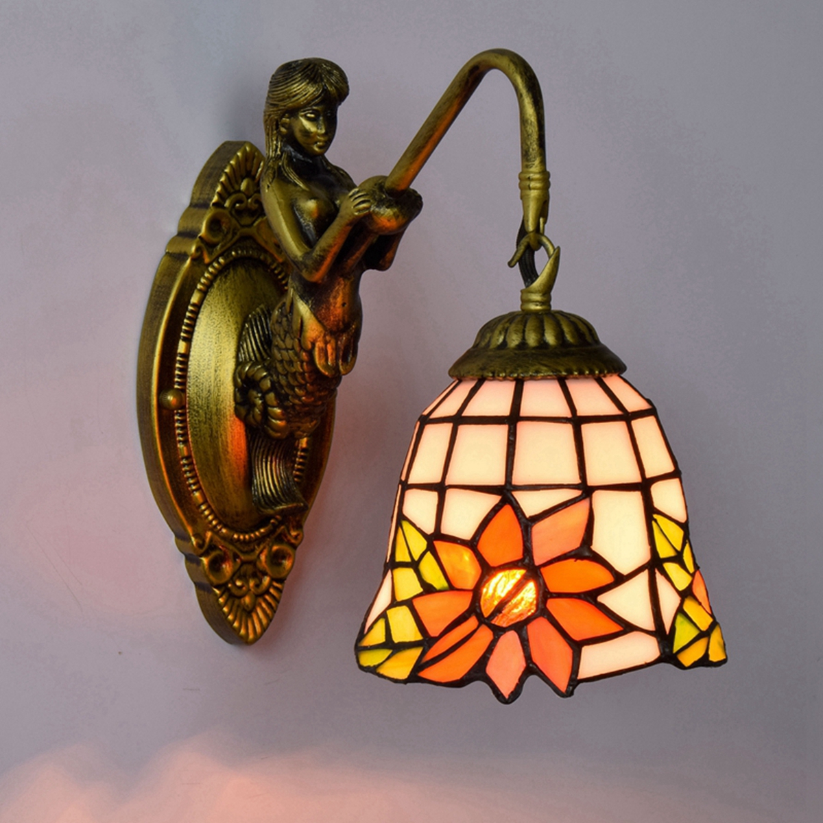 Blivuself Tiffany European Vintage Style Stained Glass 6-Inch Orange Sunflower For Dining Room Bedroom Bed Wall Lamp Light Luxury Style Living Room Background Wall Passage Wall Lamp 6-Inch Horn Sunflower - Single Head Mermaid Wall Lamp OFW0916