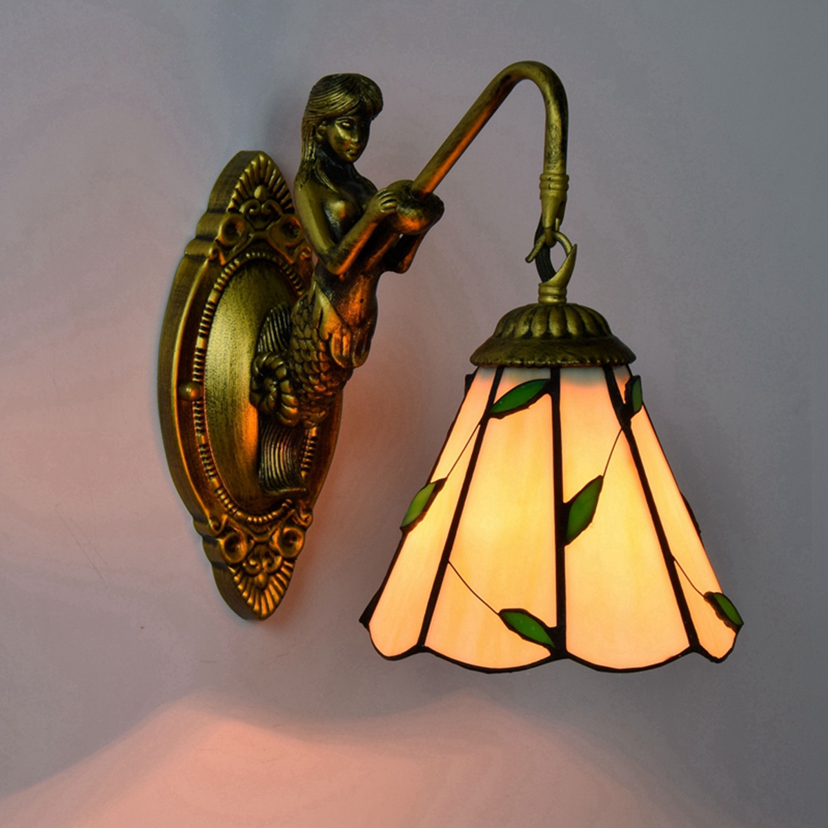 Blivuself Tiffany European Vintage Style Stained Glass 6 Inch Green Leaves For Dining Room Bedroom Bed Wall Lamp Light Luxury Style Living Room Background Wall Passage Wall Lamp 6" Warm Leaf - Single Head Mermaid Wall Lamp OFW0917