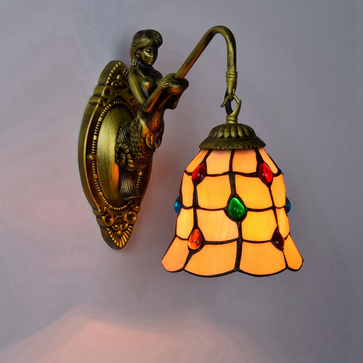 Blivuself Tiffany European Vintage Style Stained Glass 6-Inch Warm Yellow Colored Beads For Dining Room Bedroom Bed Wall Lamp Light Luxury Style Living Room Background Wall Passage Wall Lamp 6-Inch Colored Beads - Single Head Mermaid Wall Lamp OFW0920