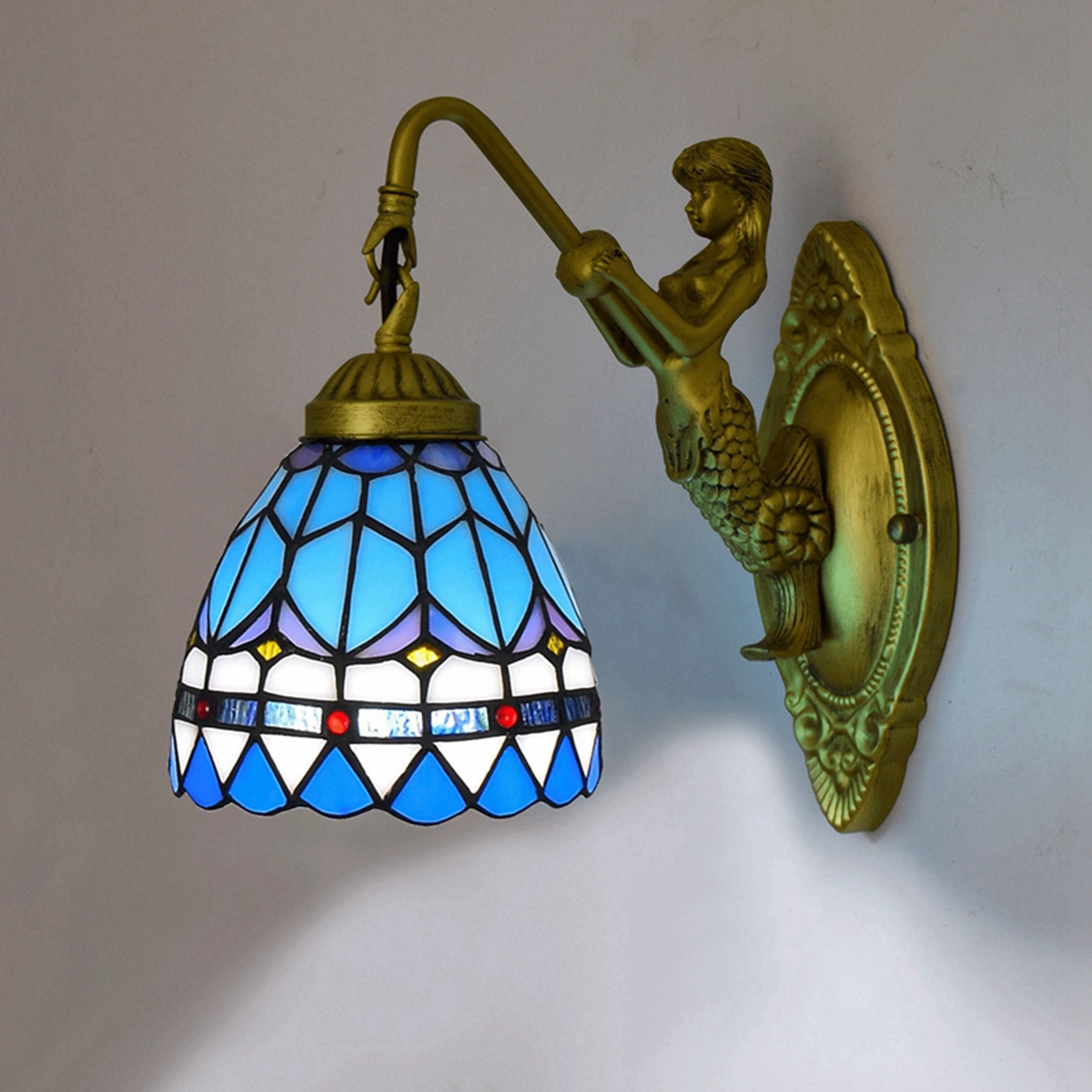 Blivuself Tiffany European Vintage Style Stained Glass 6-Inch Sky Blue Feather For Dining Room Bedroom Bed Wall Light Luxury Style Living Room Background Wall Passage Wall Lamp 6-Inch Mediterranean Sea - Single Head Mermaid Wall Lamp - Feather OFW0921