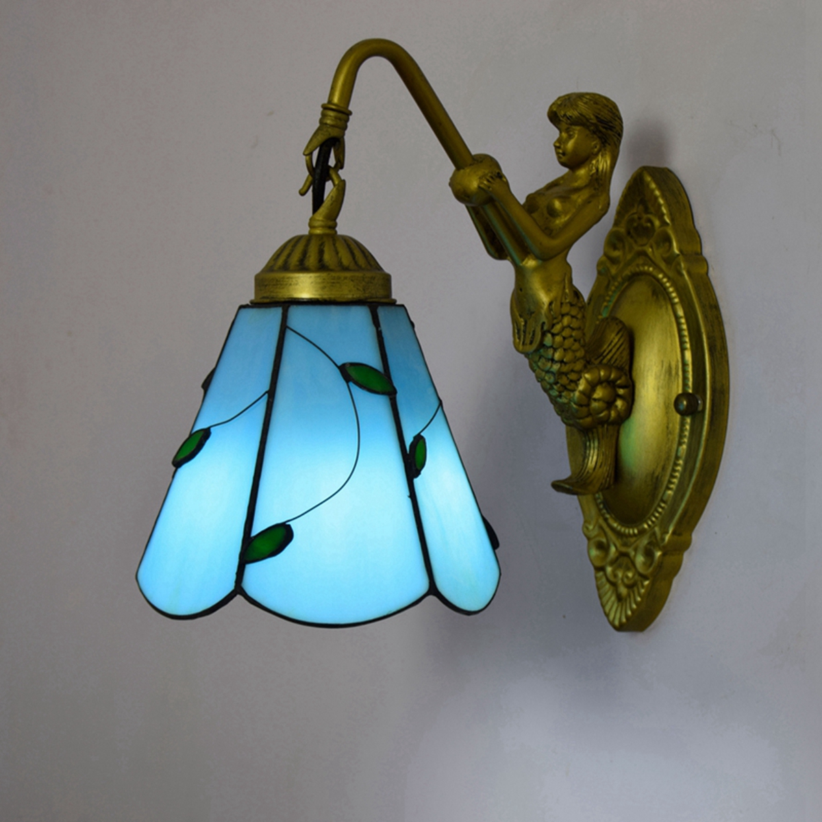 Blivuself Tiffany European vintage style stained glass 6  inch Green leaves for dining room bedroom bed wall lamp Light luxury style living room background wall passage wall lamp 6" Blue leaves - single head mermaid wall lamp OFW0923