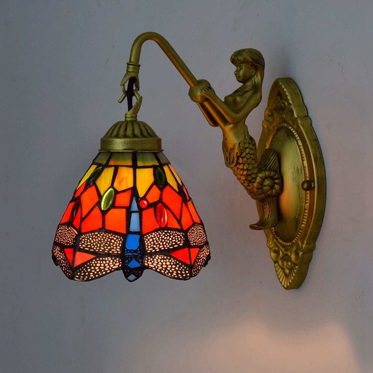 Blivuself Tiffany European Vintage Style Stained Glass 6-Inch Dragonfly For Restaurant Bedroom Bed Wall Lamp Light Luxury Style Living Room Background Wall Passage Wall Lamp 6-Inch Red Dragonfly - Single Head Mermaid Wall Lamp OFW0925