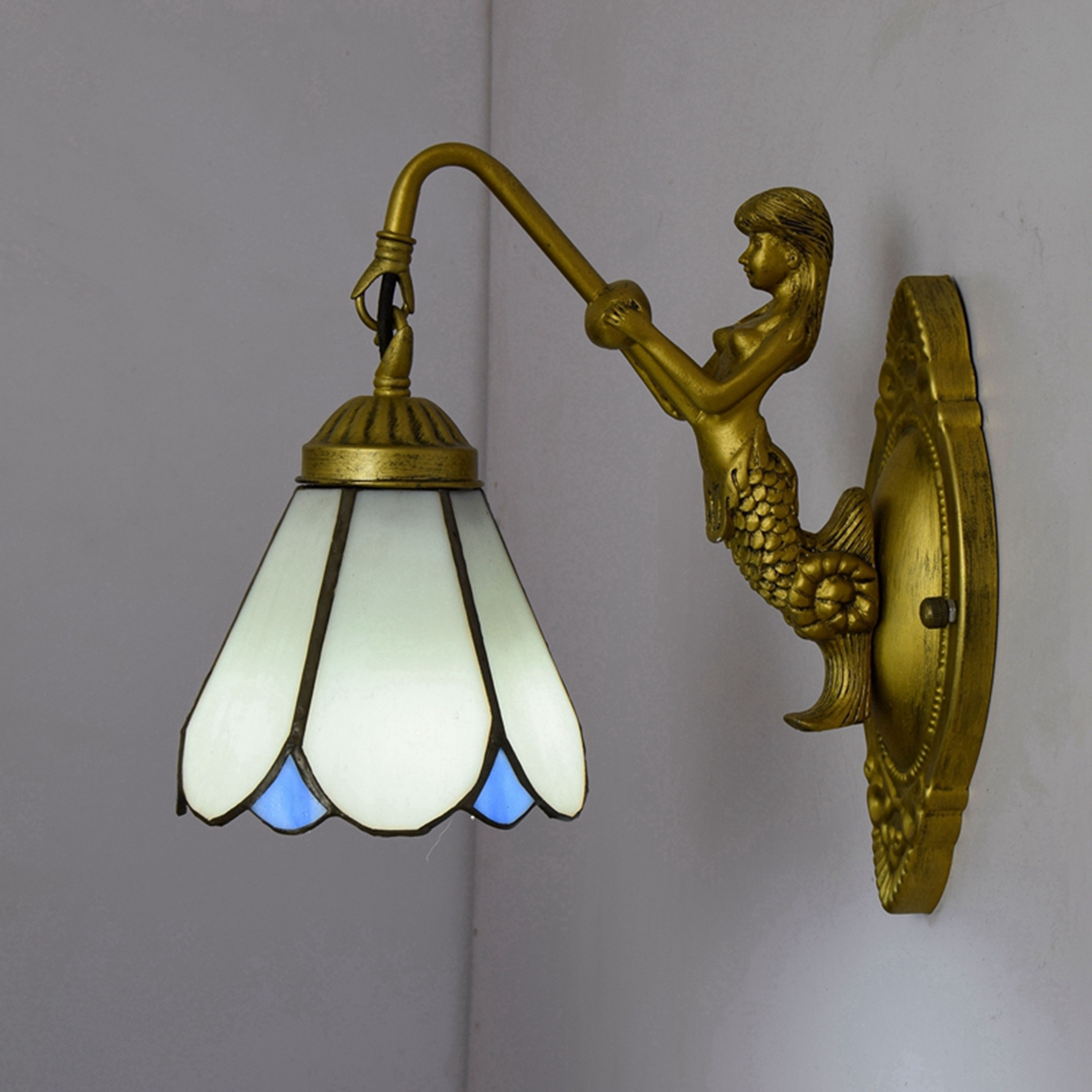 Blivuself Tiffany European Vintage Style Stained Glass 6 Inches White Six Pieces For Dining Room Bedroom Bed Wall Lamp Light Luxury Style Living Room Background Wall Passage Wall Lamp 6 Inches White - Single Head Mermaid Wall Lamp OFW0926