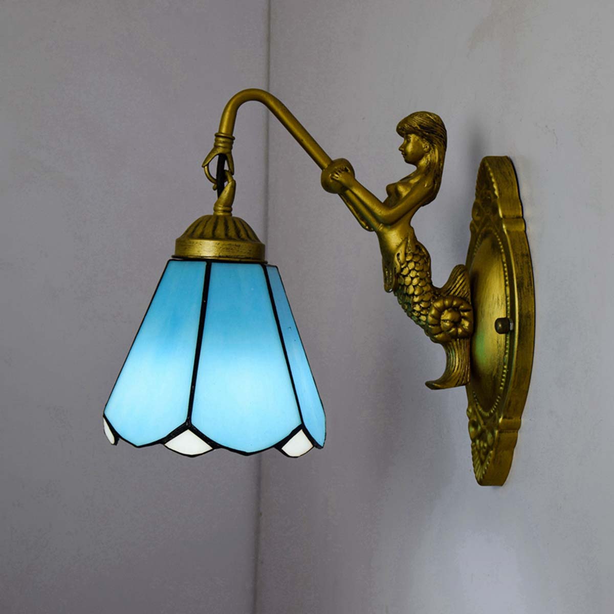 Blivuself Tiffany European Vintage Style Stained Glass 6 Inches Blue Six Pieces For Dining Room Bedroom Bed Wall Lamp Light Luxury Style Living Room Background Wall Passage Wall Lamp 6 Inches Blue - Single Head Mermaid Wall Lamp OFW0927