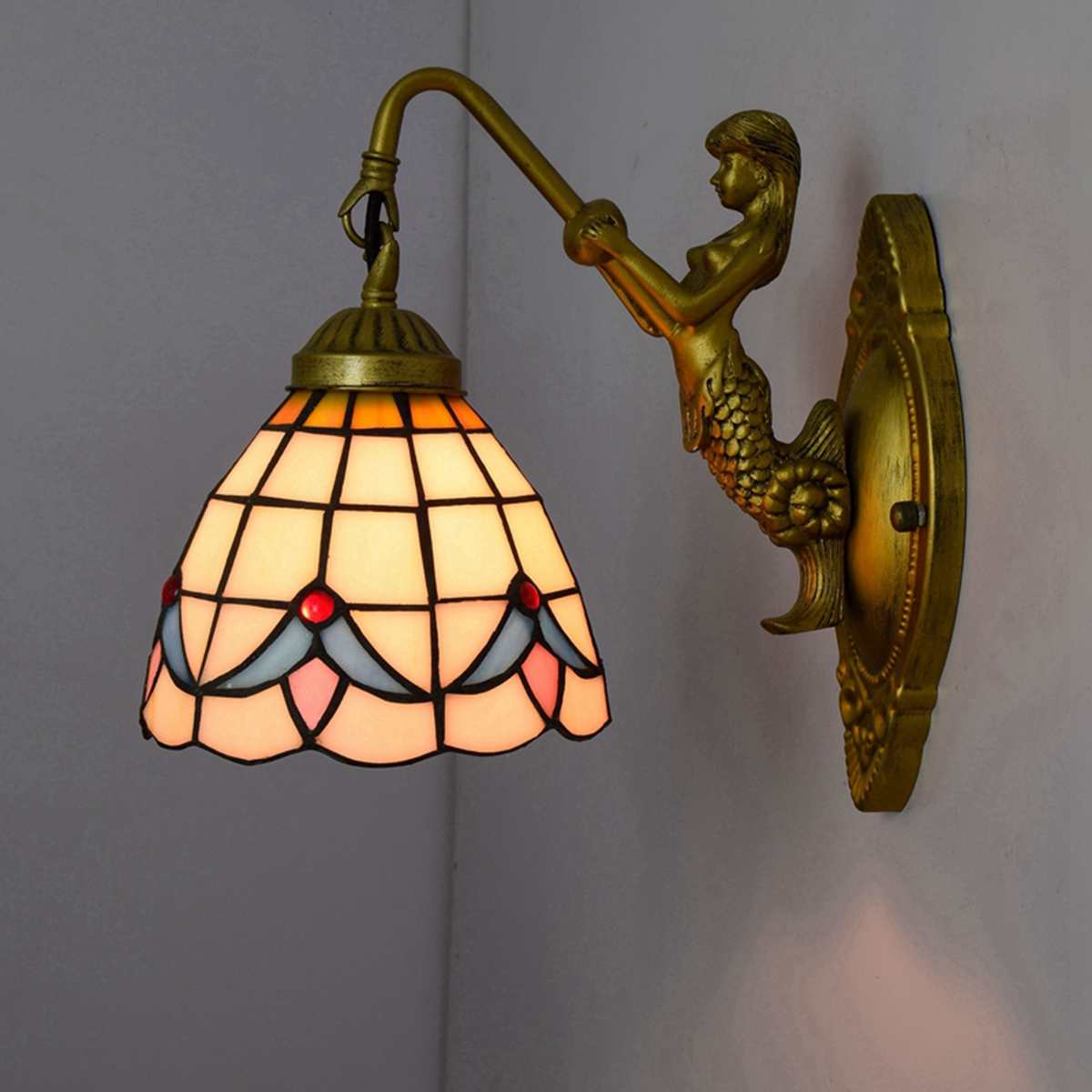 Blivuself Tiffany European Vintage Style Stained Glass 6-Inch White Magnolia For Restaurant Bedroom Bed Wall Lamp Light Luxury Style Living Room Background Wall Passage Wall Lamp 6-Inch Magnolia - Single Head Mermaid Wall Lamp OFW0928