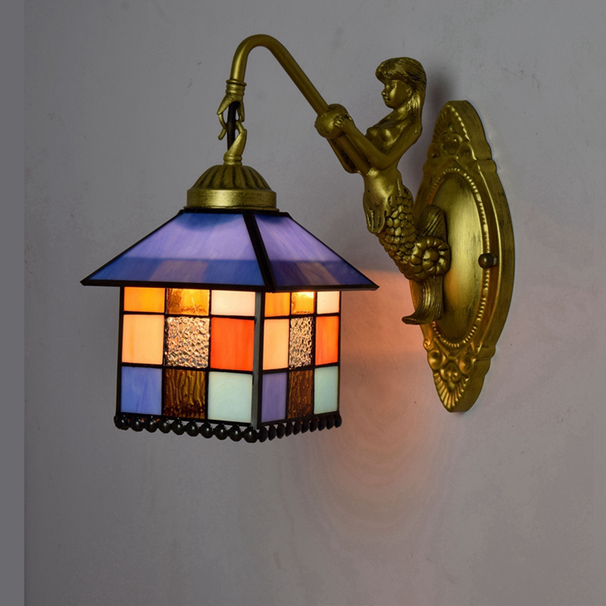 Blivuself Tiffany European Vintage Style Stained Glass 8-Inch Blue Small House For Dining Room Bedroom Bed Wall Lamp Light Luxury Style Living Room Background Wall Passage Wall Lamp 8-Inch Small House - Single Head Mermaid Wall Lamp OFW0929