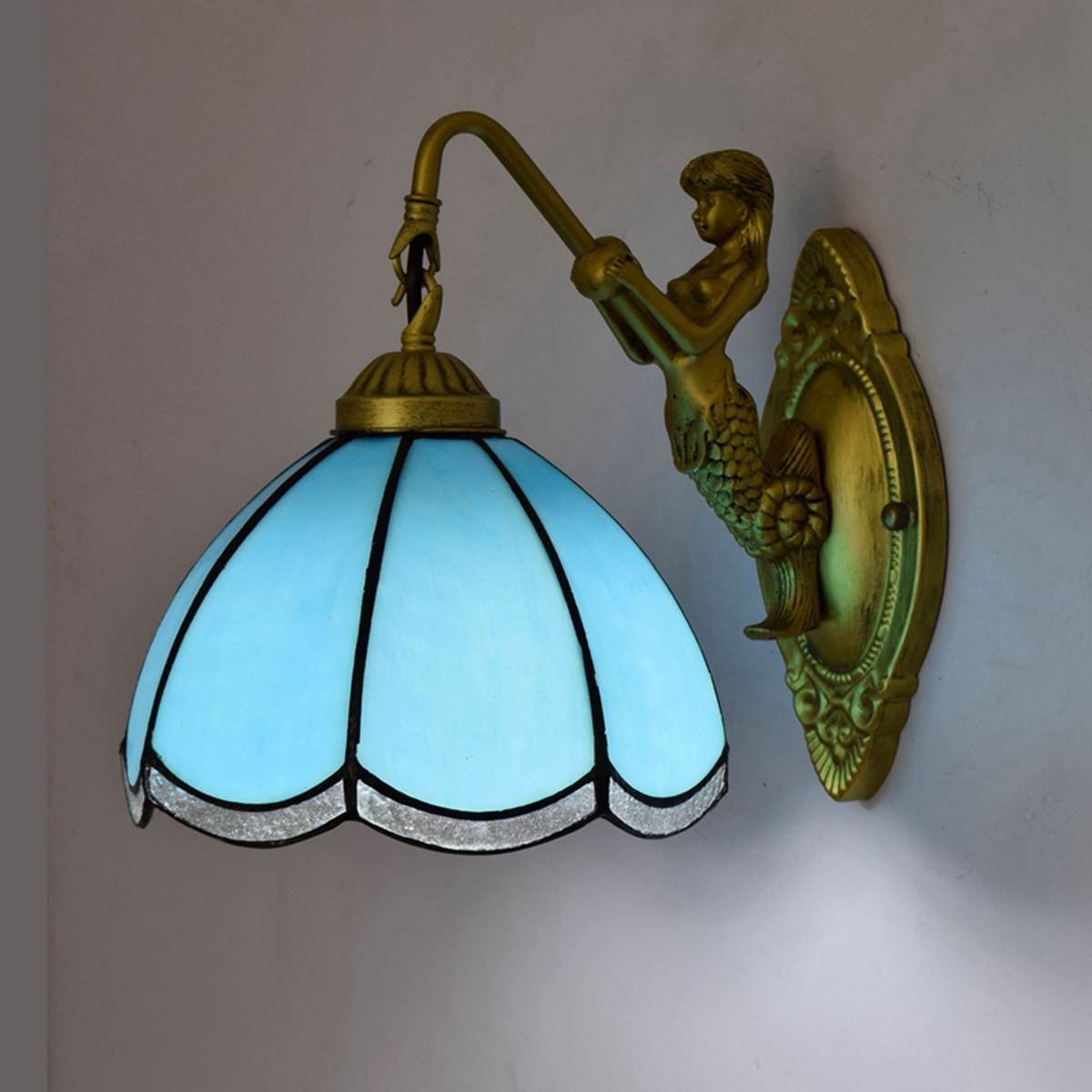 Blivuself Tiffany European Vintage Style Stained Glass 8-Inch Sky Blue For Dining Room Bedroom Bed Wall Lamp Light Luxury Style Living Room Background Wall Passage Wall Lamp 8-Inch Sky Blue Baking Bend - Single Head Mermaid Wall Lamp OFW0933